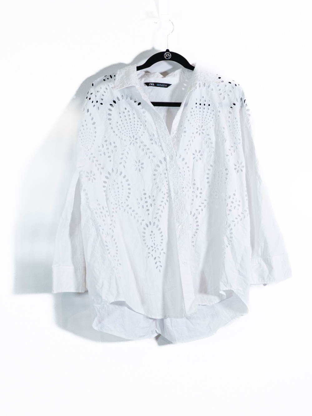 Zara Cotton Poplin Eyelet Lace Cut Out Collared Button Down Blouse White Large